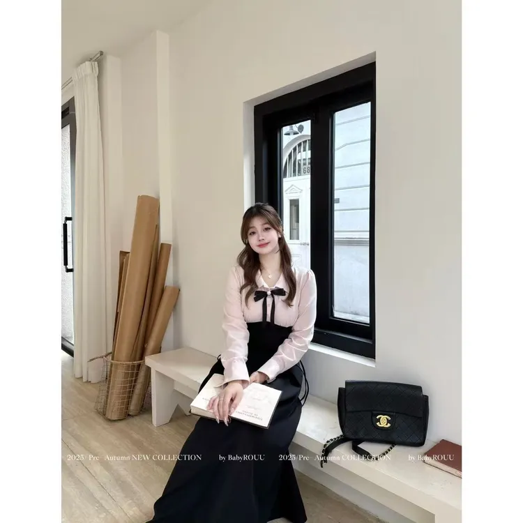 【德里学院】温与柔甜美气质学院风撞色假两件设计显瘦长款连衣裙