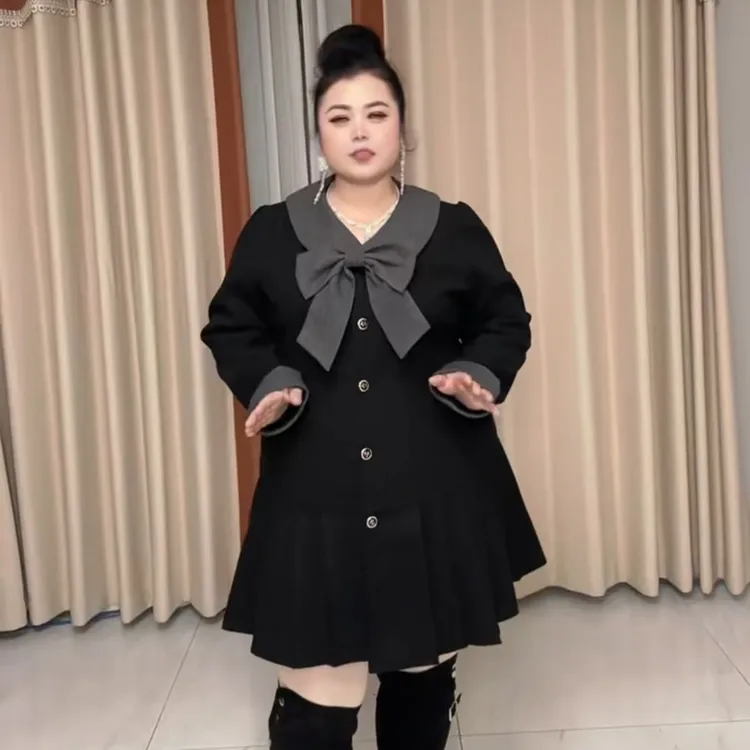 大码新款蝴蝶结显瘦藏肉西装连衣裙