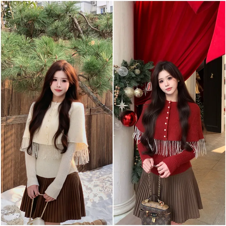 李潇洒【留洋千金】微胖冬设计感流苏披肩轻奢斗篷叠穿毛衣两件套