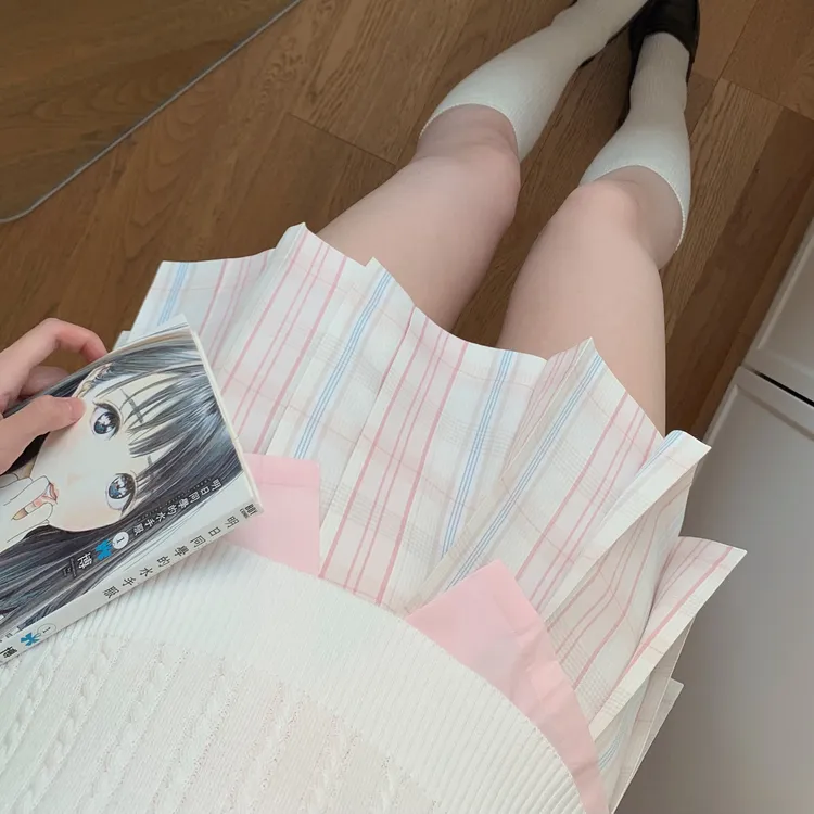 野原小黑jk原创《秒速五厘米》显白粉蓝拼色双子格学生短半身百褶裙