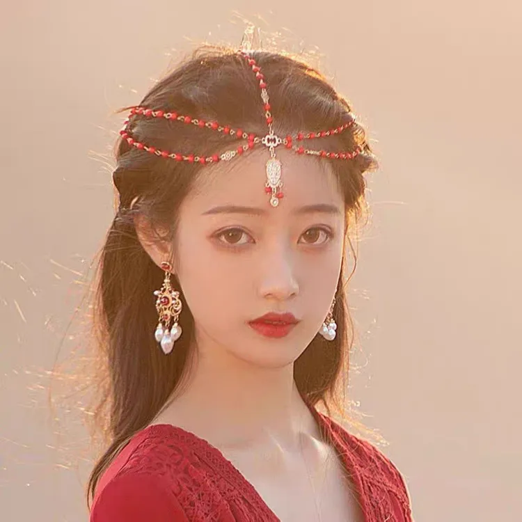 锌合金树脂耳饰 藏族额头链耳环红色西藏云南丽江民族风头饰耳饰