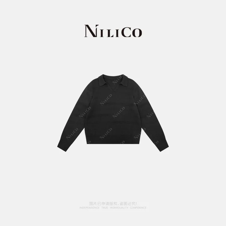 NILICO【梦芙】进口羊毛海鸥领纯色钩花坑条时尚套头毛衫