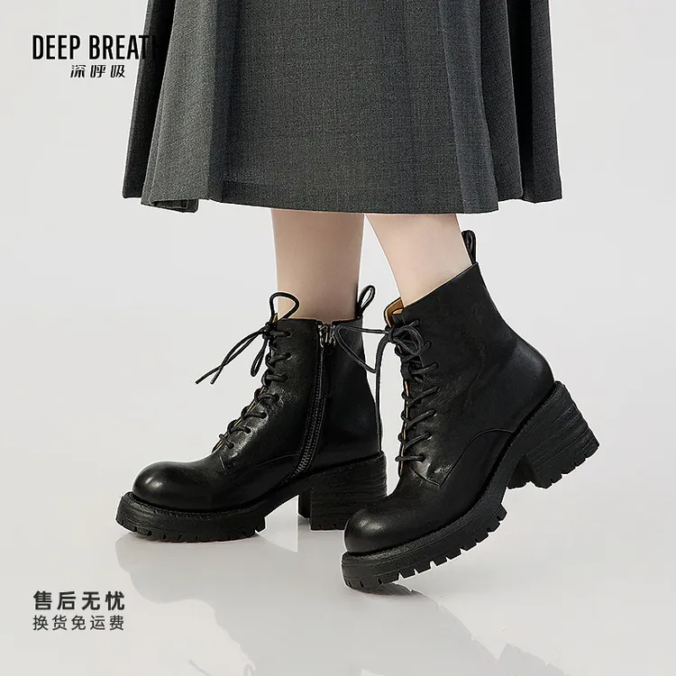 DEEP BREATH深呼吸新款女鞋牛皮侧拉链绑带粗跟马丁靴短靴AX15243