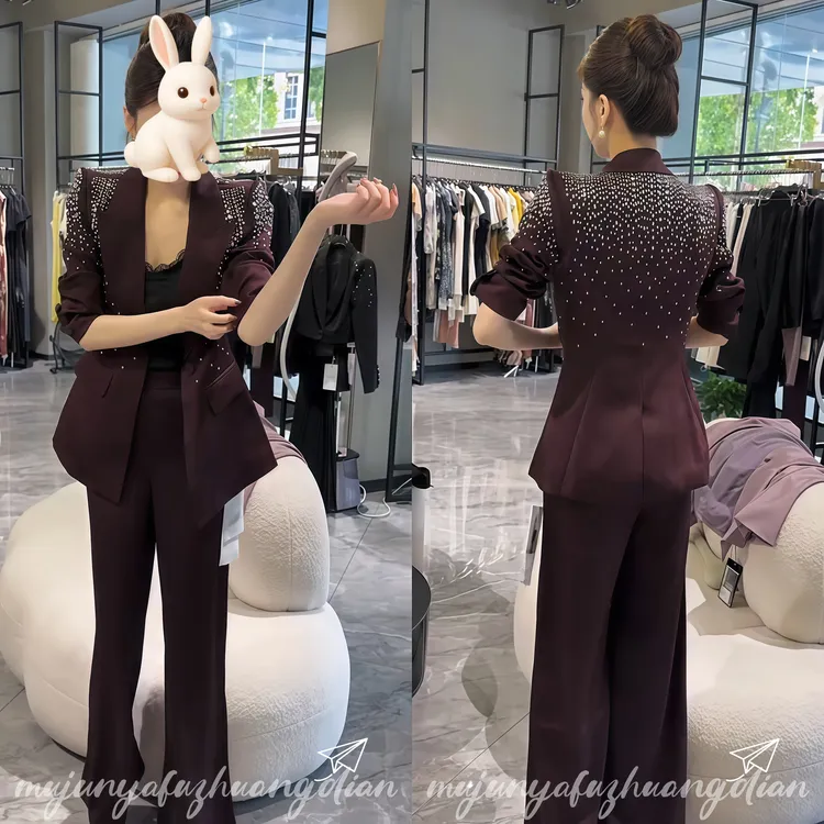 欧货2025秋季时尚高端设计优雅大气重工烫钻西服外套阔腿裤两件套