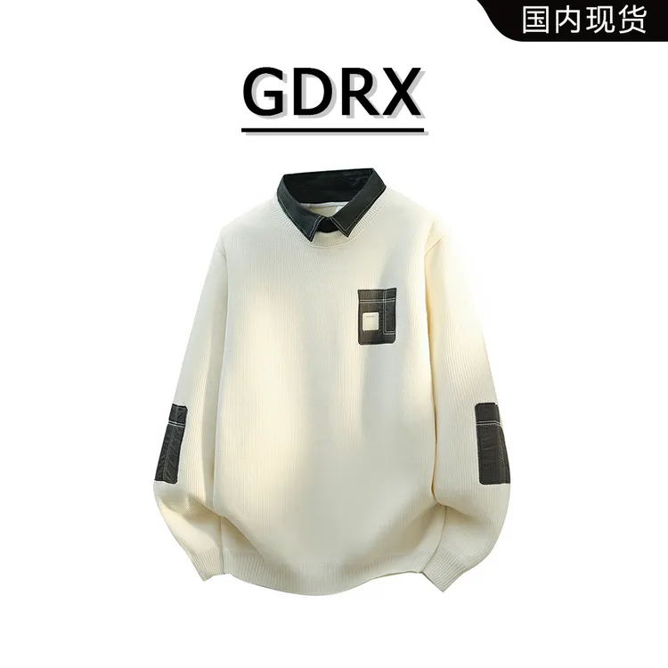 GDRX假两件男款针织毛衣2025秋季衬衫领时尚百搭宽松打底上衣