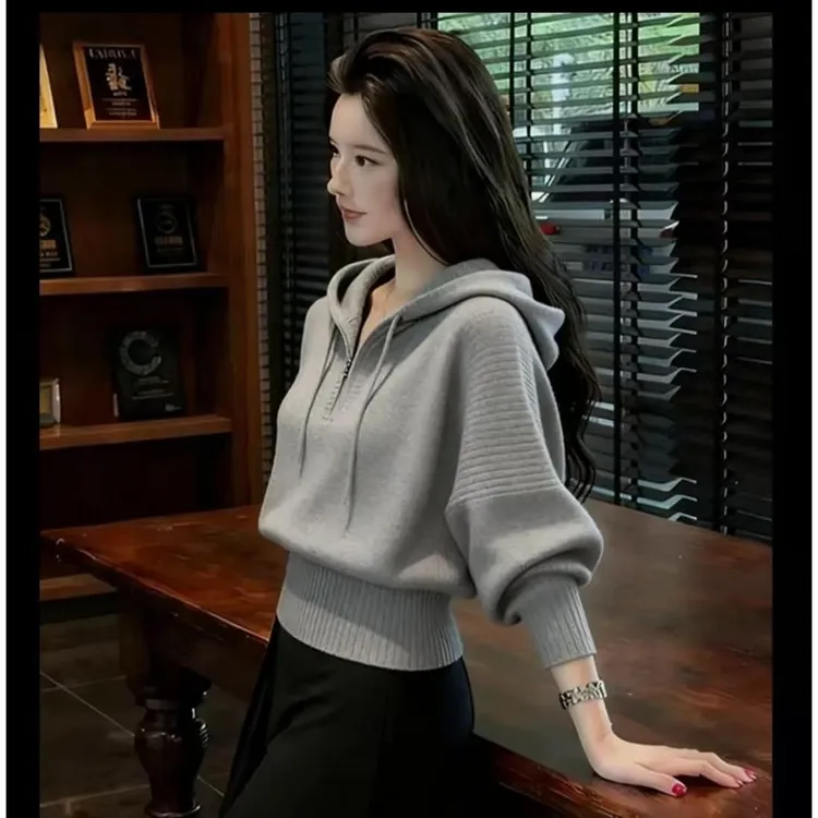 新款时尚厚款纯色针织连帽毛针织衫休闲慵懒风女套头上衣K1-69