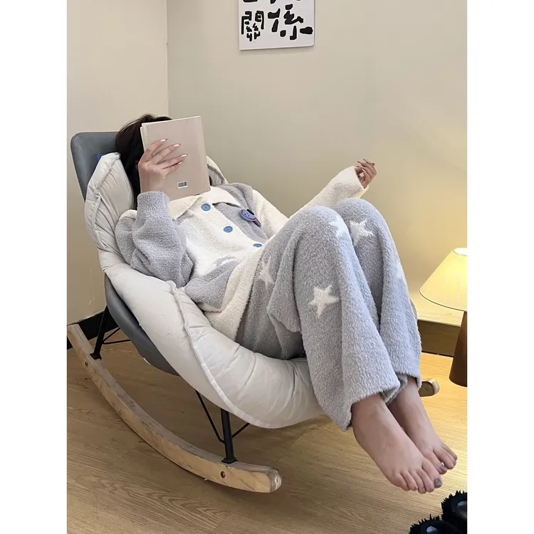甜美可爱撞色设计感酷喵半边绒睡衣女冬季新款加厚保暖家居服套装