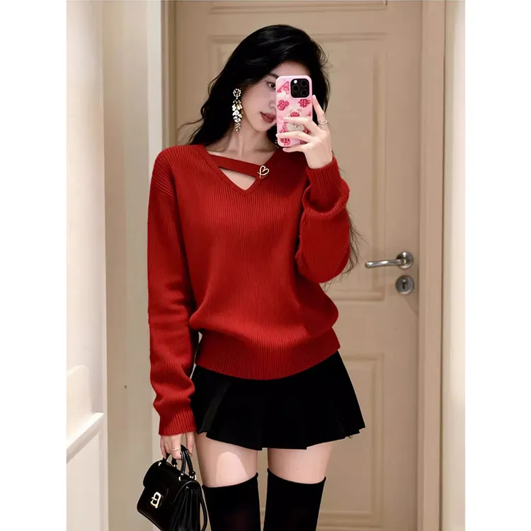 冬季新款法式高级感轻奢时尚气质设计感洋气绝美红色毛衣针织衫女