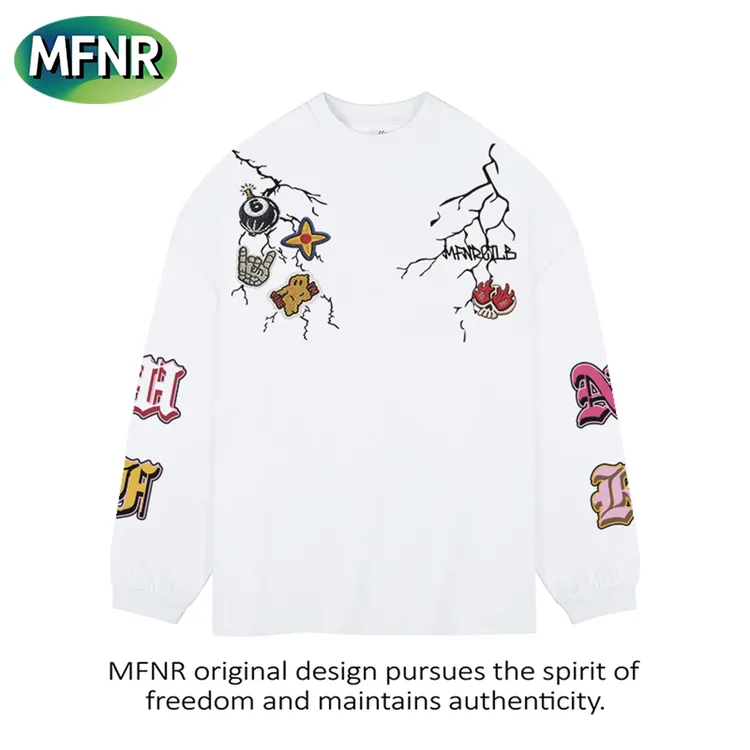 美式街头小众设计感oversize印花长袖男女秋季百搭重磅纯棉T恤潮