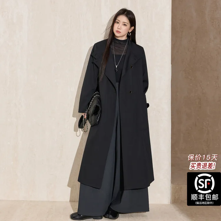 蓝语大码女装经典廓形翻领长款风衣2025秋冬季新款气质系带外套