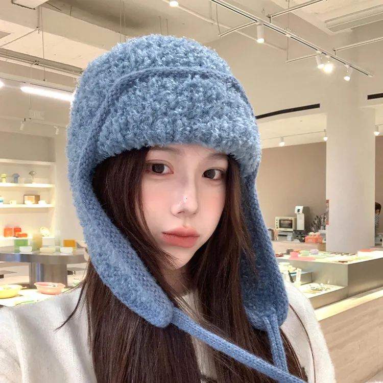 蓝色飞行帽子女秋冬季2025新款可爱保暖防寒护耳雷锋帽针织毛帽子