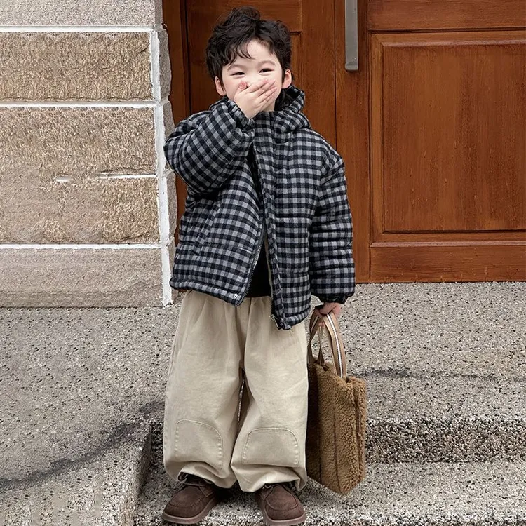 2025童装男童冬季棉服帅气加厚保暖外套韩系儿童格子宽松韩版棉服