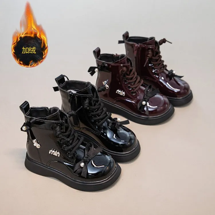 韩版漆皮儿童马丁靴PORO冬季新款加绒二棉短靴蝴蝶结保暖女童皮靴