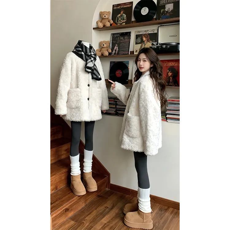 白色毛毛外套女秋冬季2025中长款加厚皮草毛茸茸皮毛一体两件套