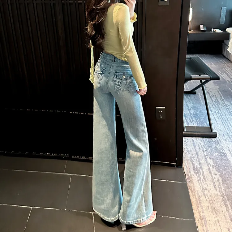 高腰浅色不贴腿蝴蝶结微喇牛仔裤女2025年春季宽松垂感显瘦直筒裤
