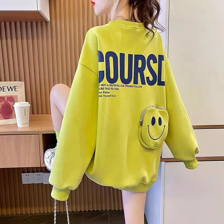 设计感小众口袋卫衣女春秋季薄款纯棉长袖圆领上衣学生韩版宽松衫