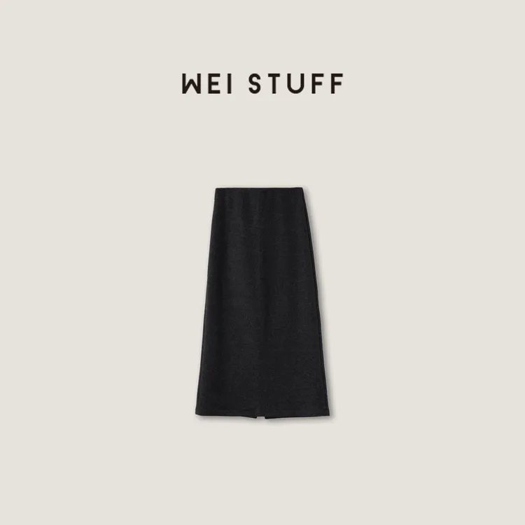 WEI STUFF 深灰色法式优雅百搭松紧腰后开叉包臀半身裙 8173
