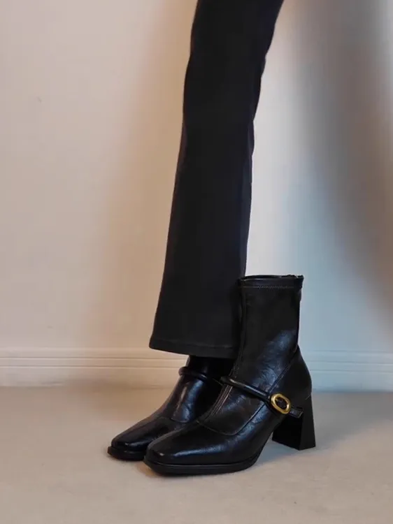 牛皮版~复古风百搭显瘦真皮弹力瘦瘦靴女一字带方头真皮高跟短靴