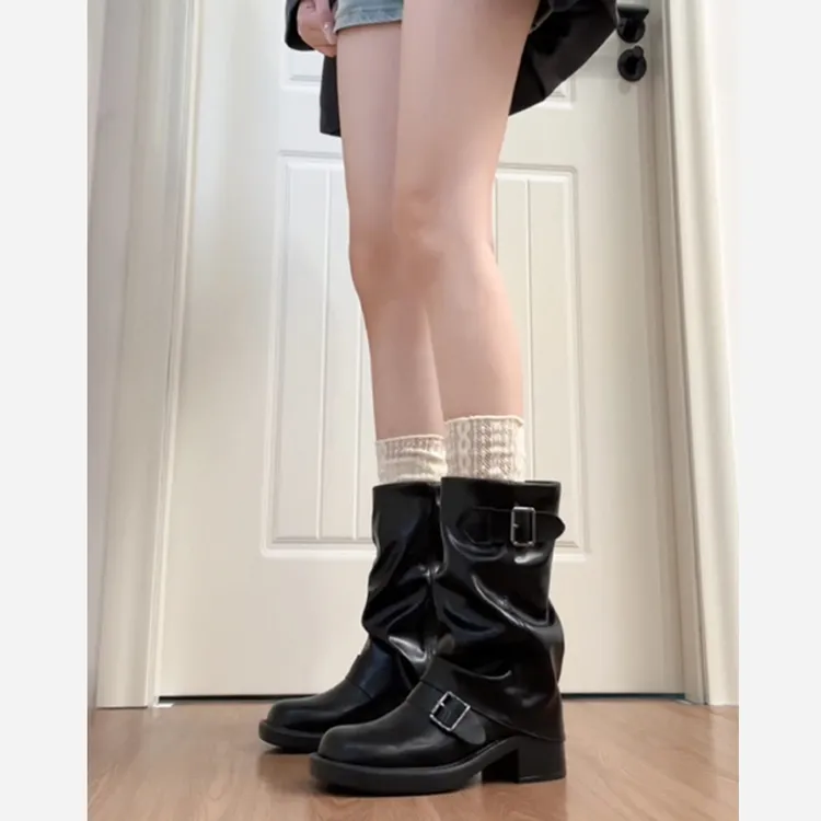 牛皮版~厚底复古西部牛仔靴女褶皱堆堆靴皮带中筒裤管骑士靴秋冬