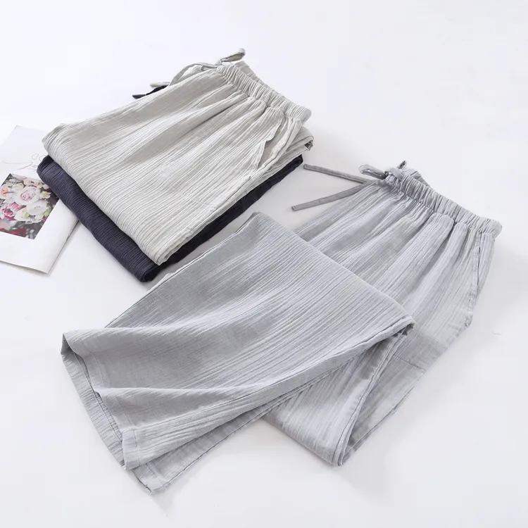 日系水洗纯棉双层纱布睡裤男春秋薄款长裤宽松直筒休闲全棉家居裤