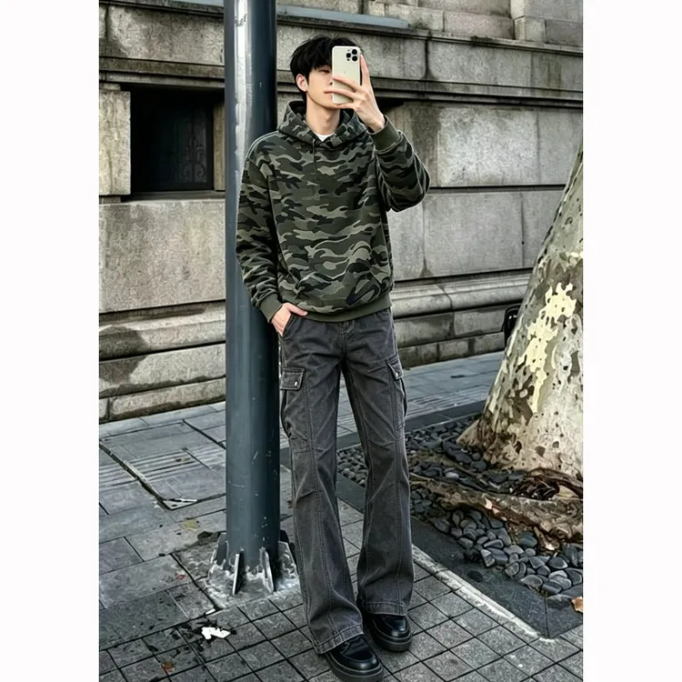 炭灰色大口袋工装裤子男夏季降落伞褶皱牛仔裤美式显瘦直筒休闲裤