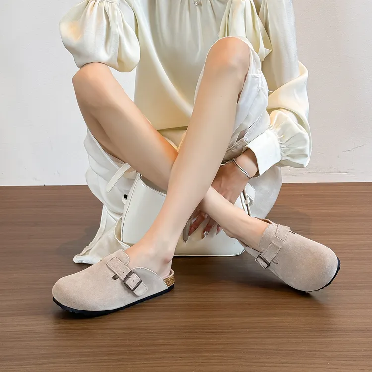 牛皮真皮勃肯鞋包头半拖鞋单鞋女2025春秋外穿厚底博肯一脚蹬拖鞋