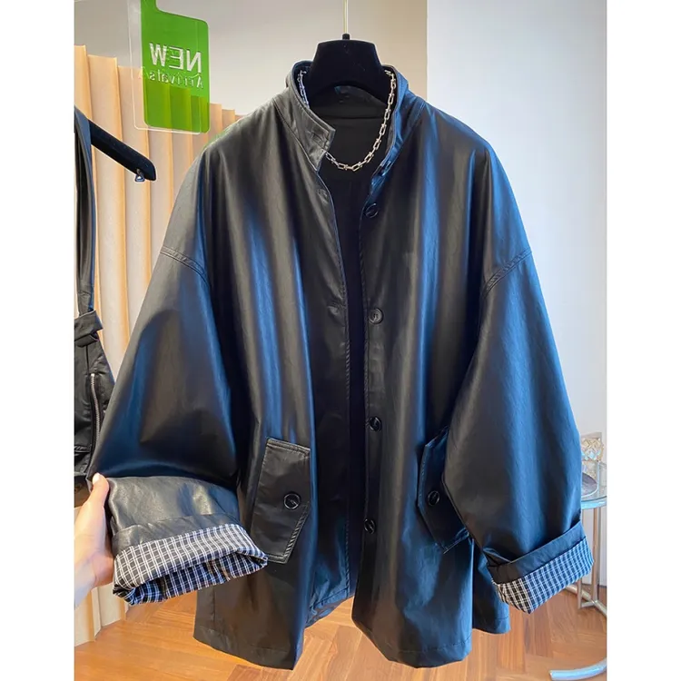 欧货高级感黑色立领时尚皮衣外套女中长款2025春新款宽松PU皮风衣