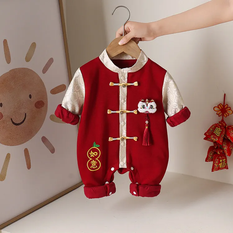 新生婴儿春秋装连体衣男女宝宝醒狮如意哈衣满月百天宝宝周岁礼服