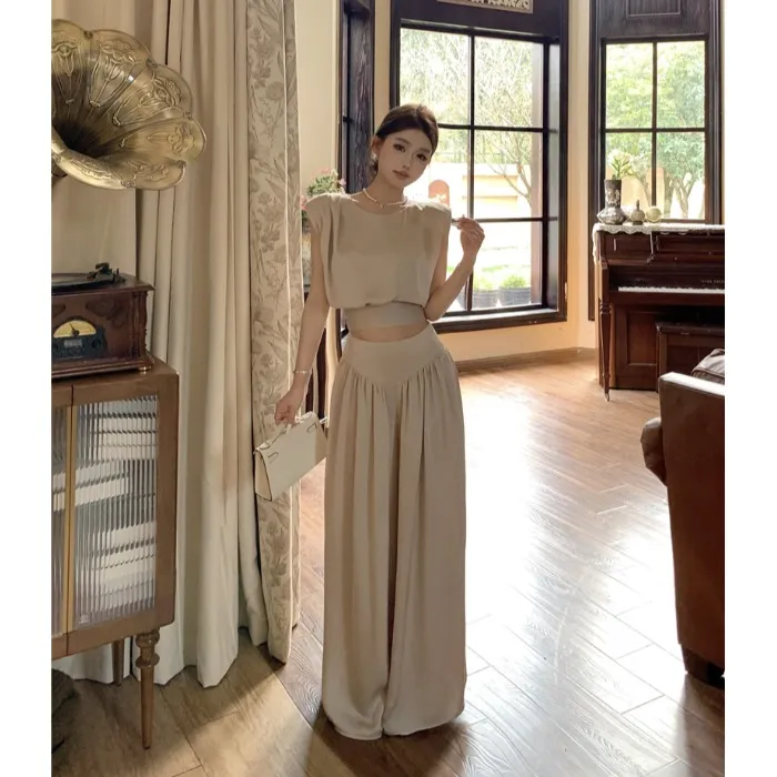 轻奢气质高级感套装女无袖背心上衣御姐风休闲宽松阔腿长裤两件套