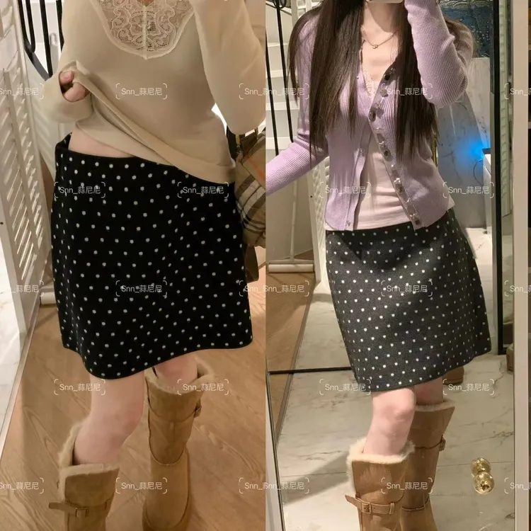 【波点针织半裙】韩系叠穿很厚实搭配雪地靴显瘦半身短裙女3316