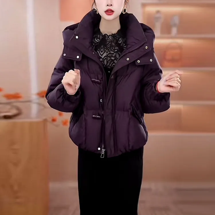 时尚连帽纯色加厚短款羽绒服2025冬季新款气质减龄女士白鸭绒外套