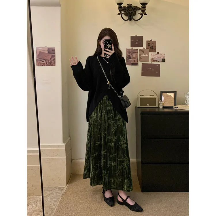 大码女装竹意浓新中式不规则毛衣+松紧腰暗纹提花灯芯绒裙两件套