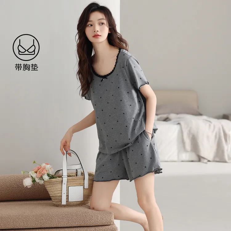 【高质量版本】夏季新款带胸垫睡衣女短袖短裤家居服可外穿莫代尔棉