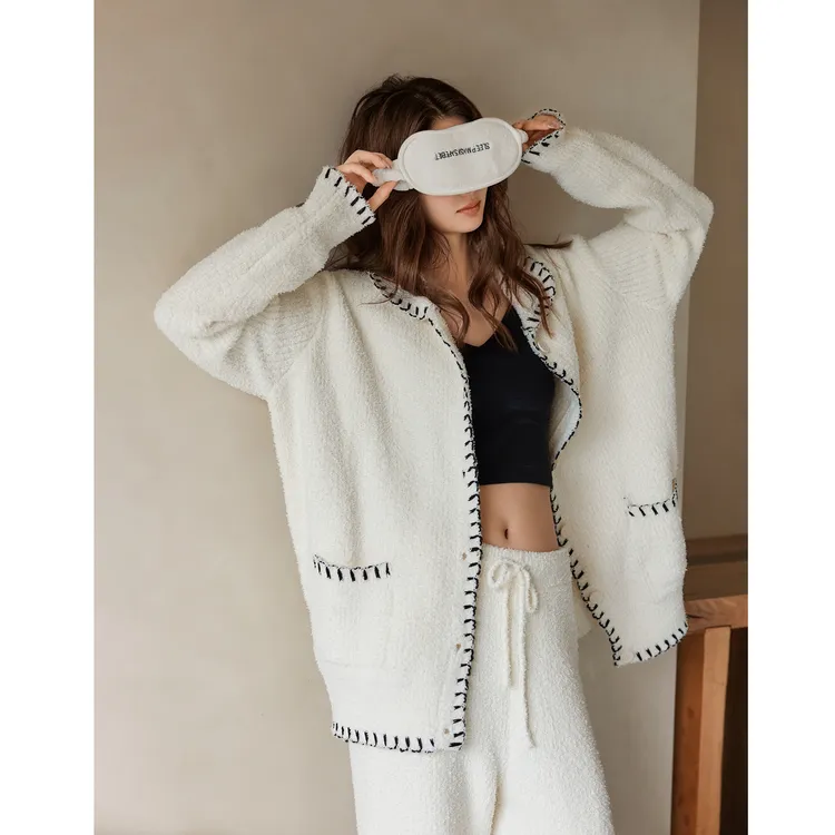 美腾秋冬款睡衣女半边绒长袖小香风开衫保暖加厚家居服珊瑚绒套装