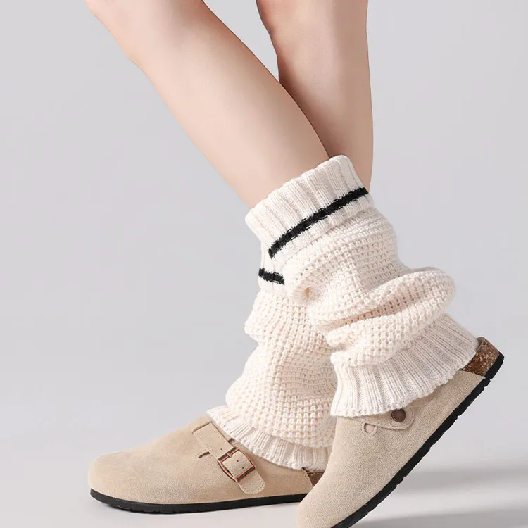 拼色条纹可翻边堆堆袜温柔奶白色少女风小腿套加厚针织保暖中筒袜