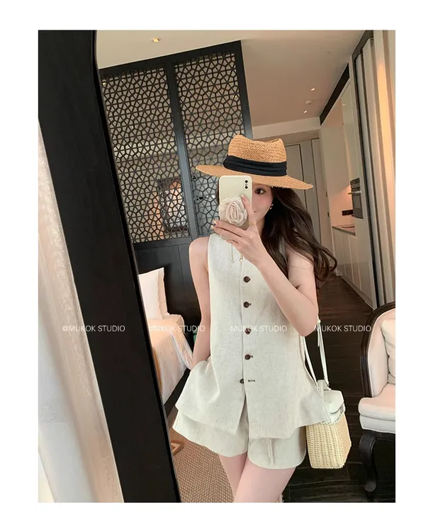 亚麻大女主套装夏季洋气减龄无袖外套高腰短裤时尚老钱风亚麻套装