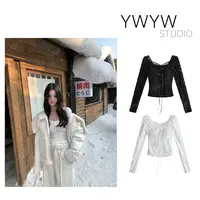 【YWYW25F/W】秋冬纯欲蕾丝镂空绑带修身长袖打底上衣5853