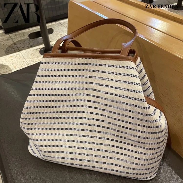 ZAR FENDEN2025新款韩系大容量条纹托特包高级慵懒时尚通勤帆布包