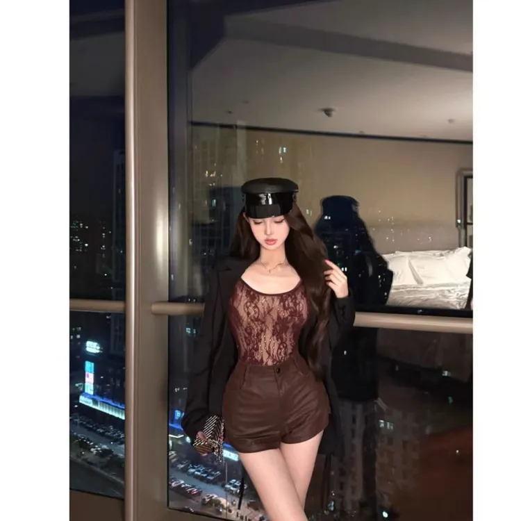 曼曼【甜辣心机】 辣妹网纱蕾丝吊带背心女3667-1#
