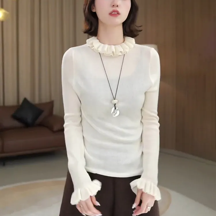 白色木耳边毛衣针织衫女士秋季慵懒高级感内搭半高堆堆领打底上衣