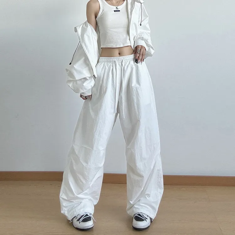早春新款爵士舞蹈工装裤女白色宽松直筒抽绳机能休闲阔腿运动长裤