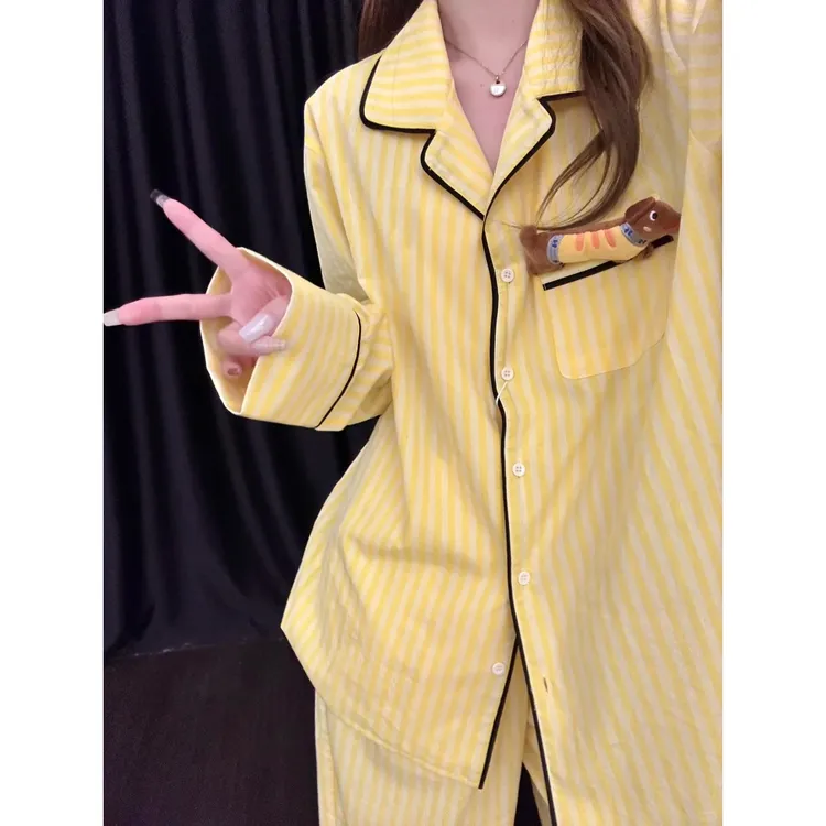 【DMXJ大梦想家】韩系慵懒风腊肠狗条纹睡衣女款秋季长裤家居服套装