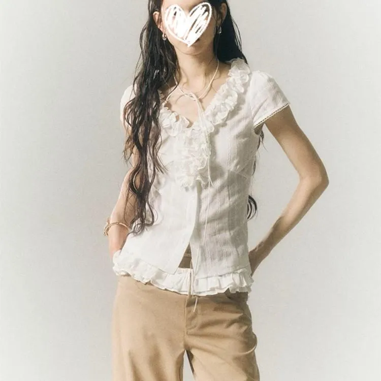 女装镂空夏季修身衬衫法式荷叶边短袖地雷系蕾丝上衣