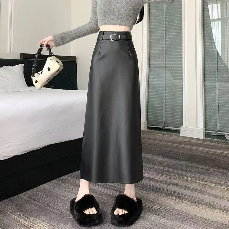 黑色开叉秋冬静奢风包臀裙O型高腰显瘦半身裙不规则中长款A字皮裙