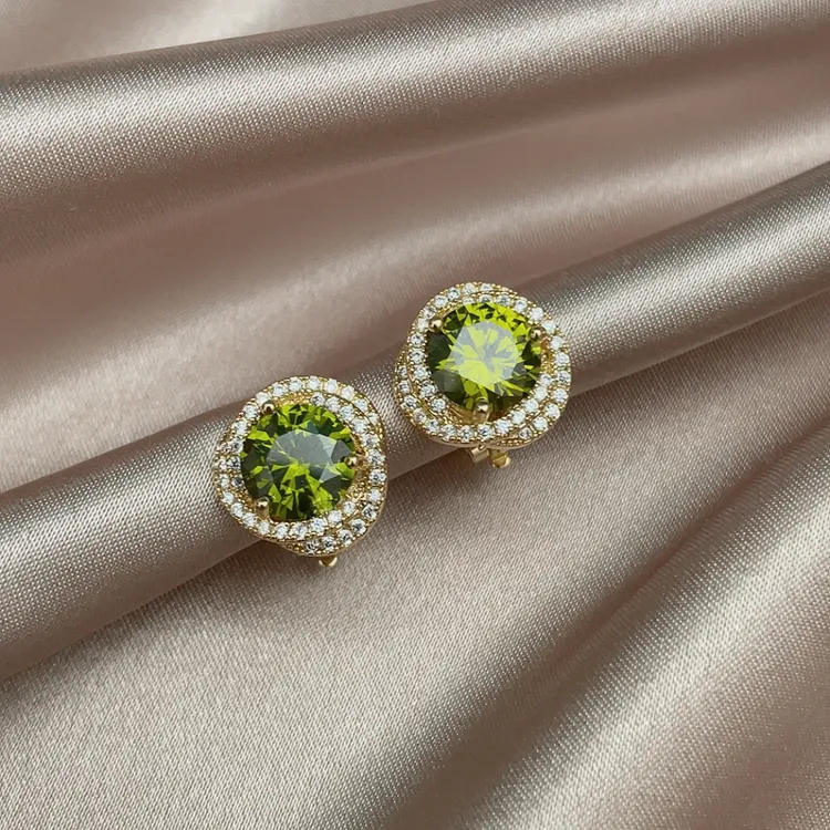 铜合金合成锆石耳饰 无耳洞耳夹轻奢小众气质橄榄绿色高级感耳钉
