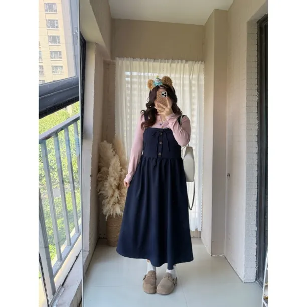 大码胖mm韩系撞色纽扣长袖t恤女秋季抽绳宽松A字背带连衣裙两件套