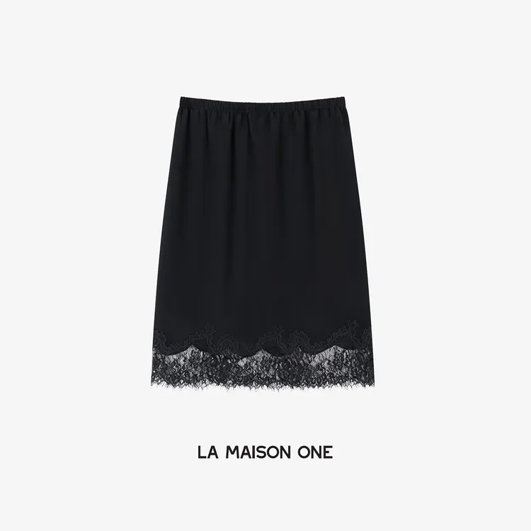 LA MAISON ONE  100桑蚕丝拼接蕾丝绣花镂空半身裙L252B019-1