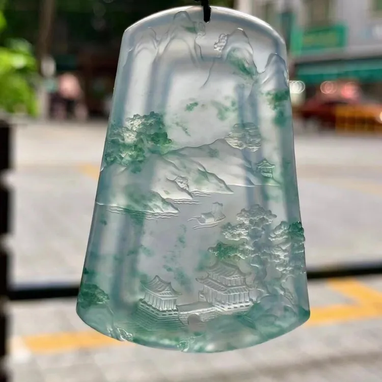 合金项链 高冰飘花山水牌吊坠精雕冰透新年礼物定制款