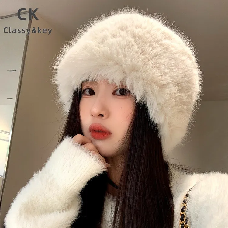 Classy key新加坡设计师联名款秋冬季毛绒帽子女百搭仿皮草水桶帽