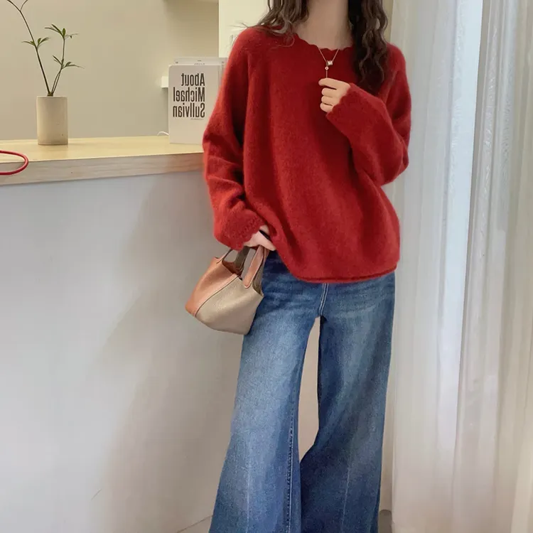 花边圆领100%纯羊毛衫女25秋冬新款宽松显瘦慵懒针织软糯打底毛衣